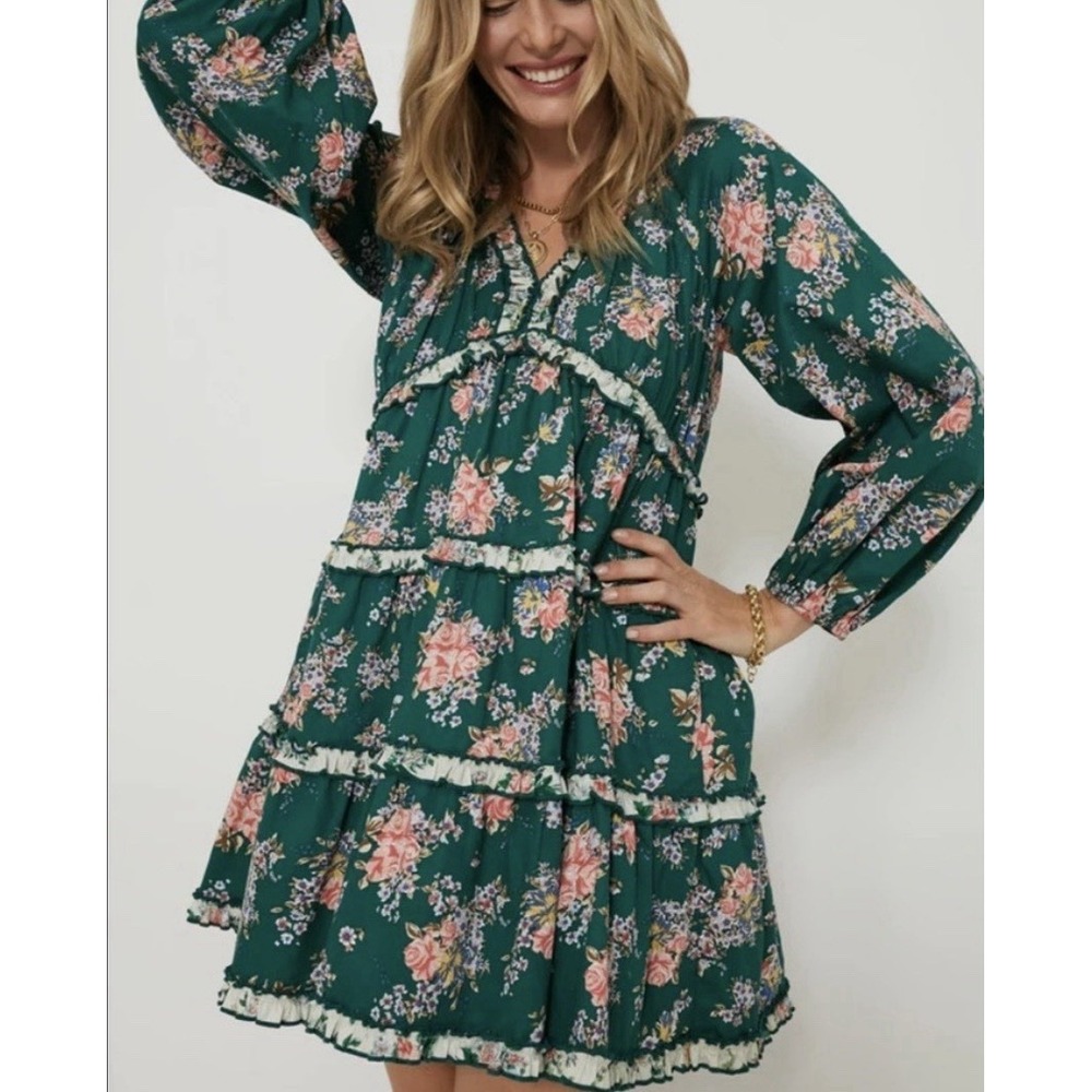 Tuckernuck Hyacinth House Dress Women Medium Tiered Mini Floral Green Boho M